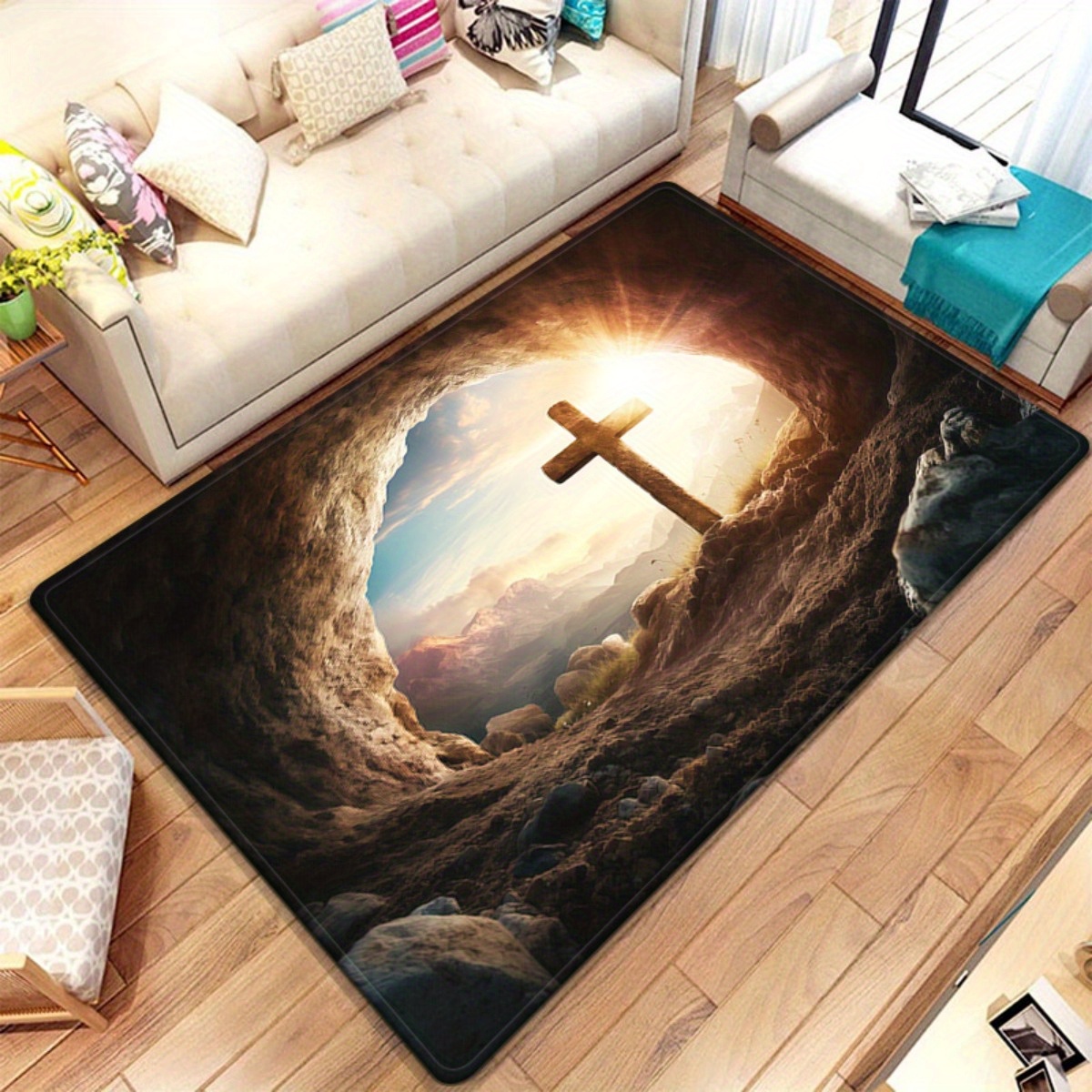 Sunrise Home Textiles & Apparel - Cruz religiosa caverna tapete espiritual arte